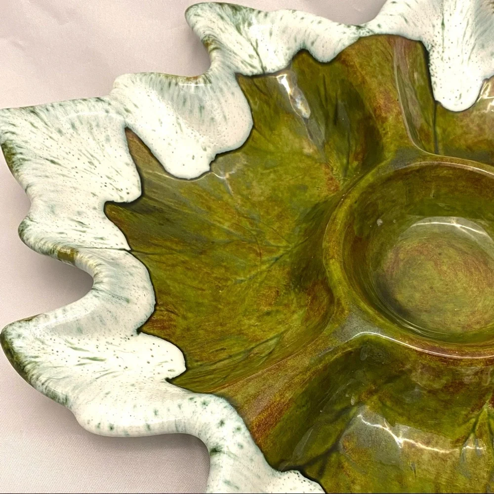 Chip & Dip Platter, Ceramic Leaf Shape, White/Green Drip Glaze MCM Vintage